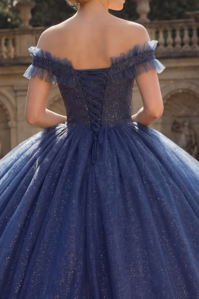 Laden Sie das Bild in den Galerie-Viewer, Off-the-shoulder Ballkleid Marineblaues Glitzer Abschlusskleid