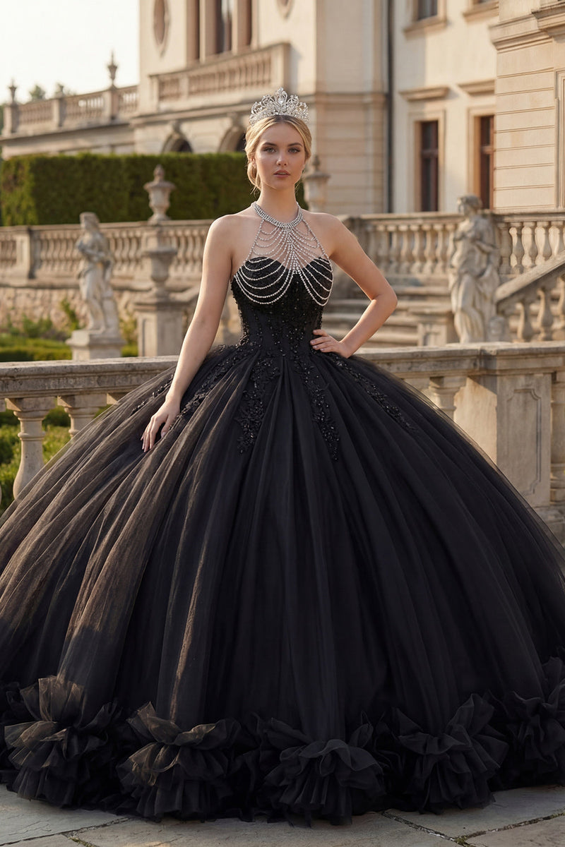 Laden Sie das Bild in den Galerie-Viewer, Schwarzes Neckholderhals Ballkleid Glitzer Prinzessinnen Abschlusskleid
