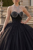 Laden Sie das Bild in den Galerie-Viewer, Schwarzes Neckholderhals Ballkleid Glitzer Prinzessinnen Abschlusskleid