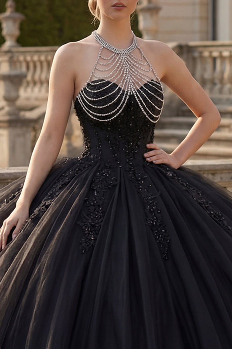 Laden Sie das Bild in den Galerie-Viewer, Schwarzes Neckholderhals Ballkleid Glitzer Prinzessinnen Abschlusskleid