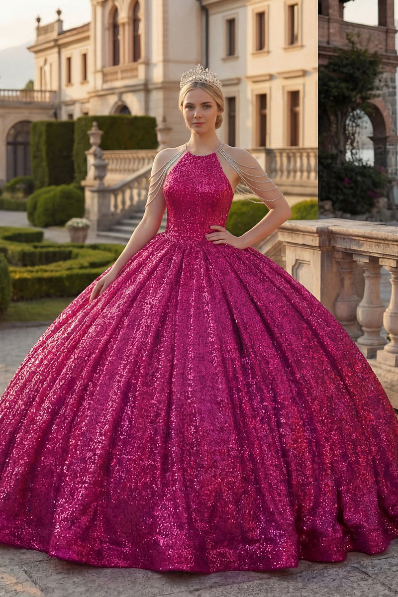 Laden Sie das Bild in den Galerie-Viewer, Glitzerndes Fuchsiafarbenes Neckholder Pailletten Abschlusskleid
