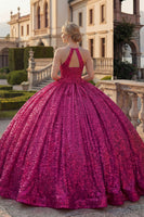 Laden Sie das Bild in den Galerie-Viewer, Glitzerndes Fuchsiafarbenes Neckholder Pailletten Abschlusskleid