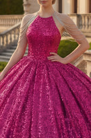 Laden Sie das Bild in den Galerie-Viewer, Glitzerndes Fuchsiafarbenes Neckholder Pailletten Abschlusskleid