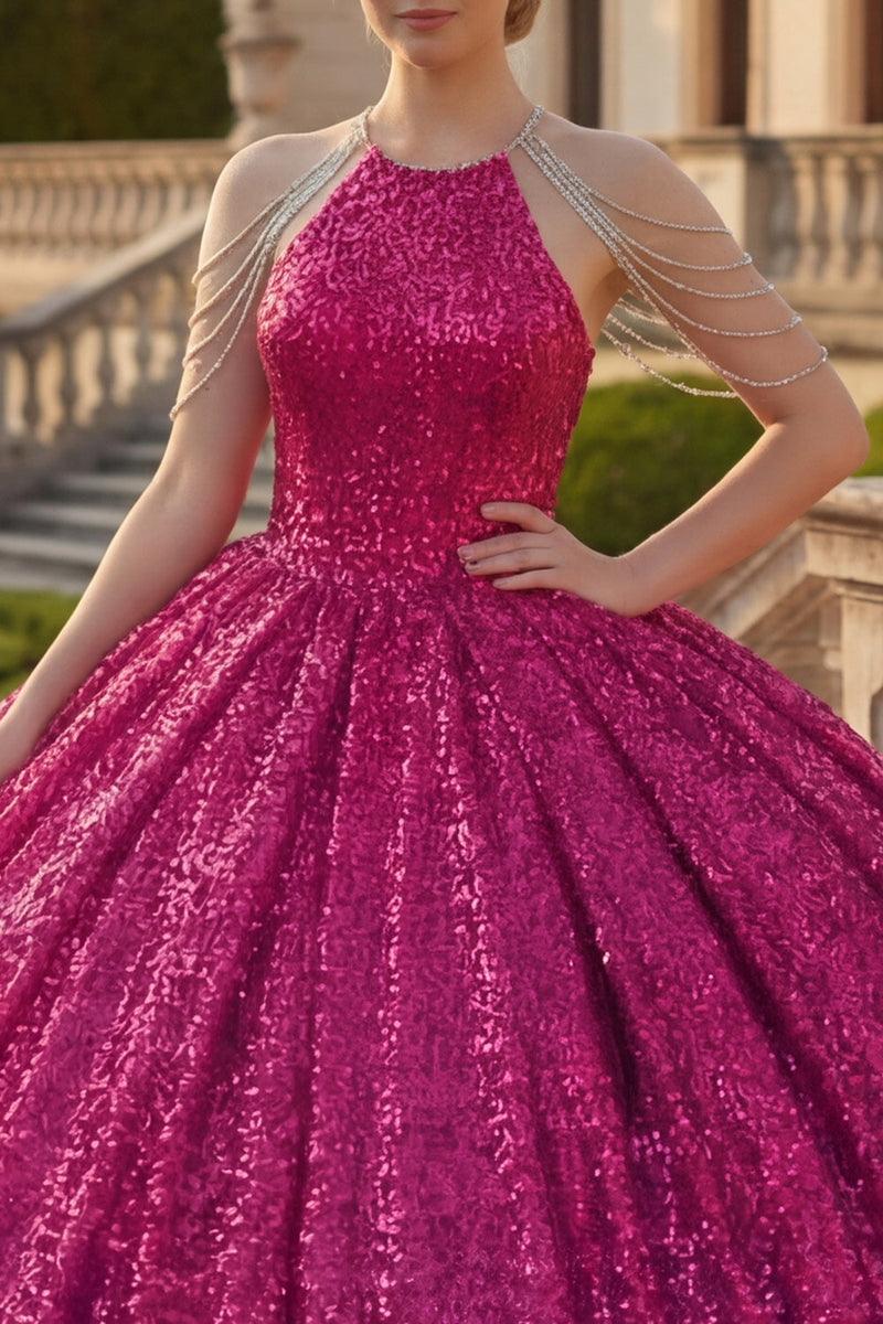Laden Sie das Bild in den Galerie-Viewer, Glitzerndes Fuchsiafarbenes Neckholder Pailletten Abschlusskleid
