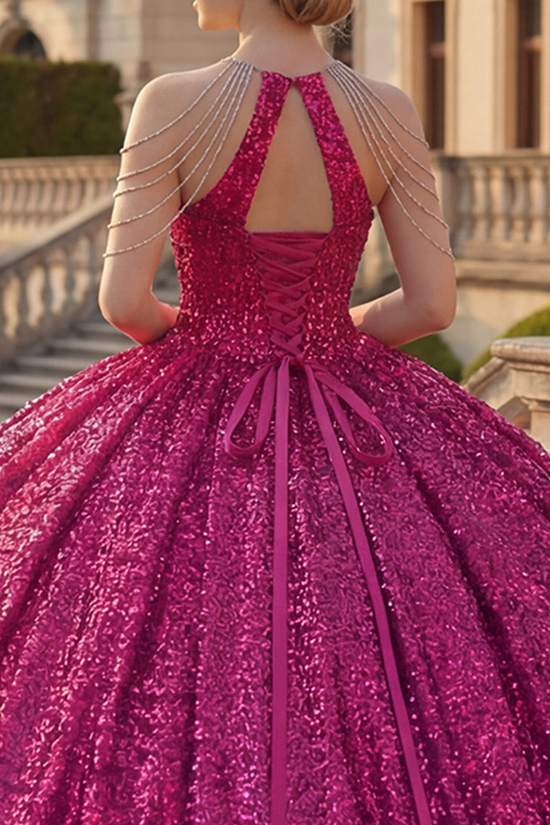 Laden Sie das Bild in den Galerie-Viewer, Glitzerndes Fuchsiafarbenes Neckholder Pailletten Abschlusskleid