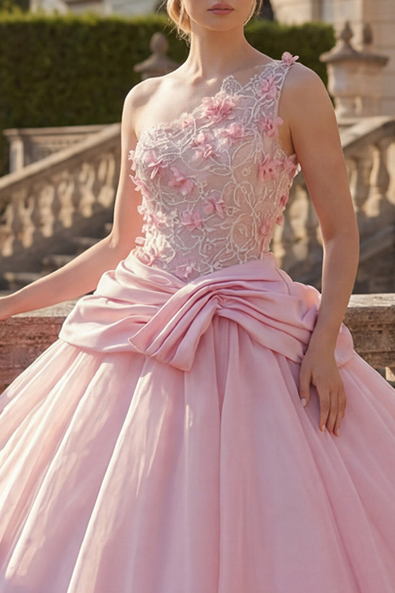 Laden Sie das Bild in den Galerie-Viewer, Rosa Ballkleid Einschulter Applikiertes Abschlusskleid