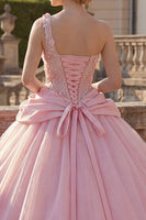 Laden Sie das Bild in den Galerie-Viewer, Rosa Ballkleid Einschulter Applikiertes Abschlusskleid