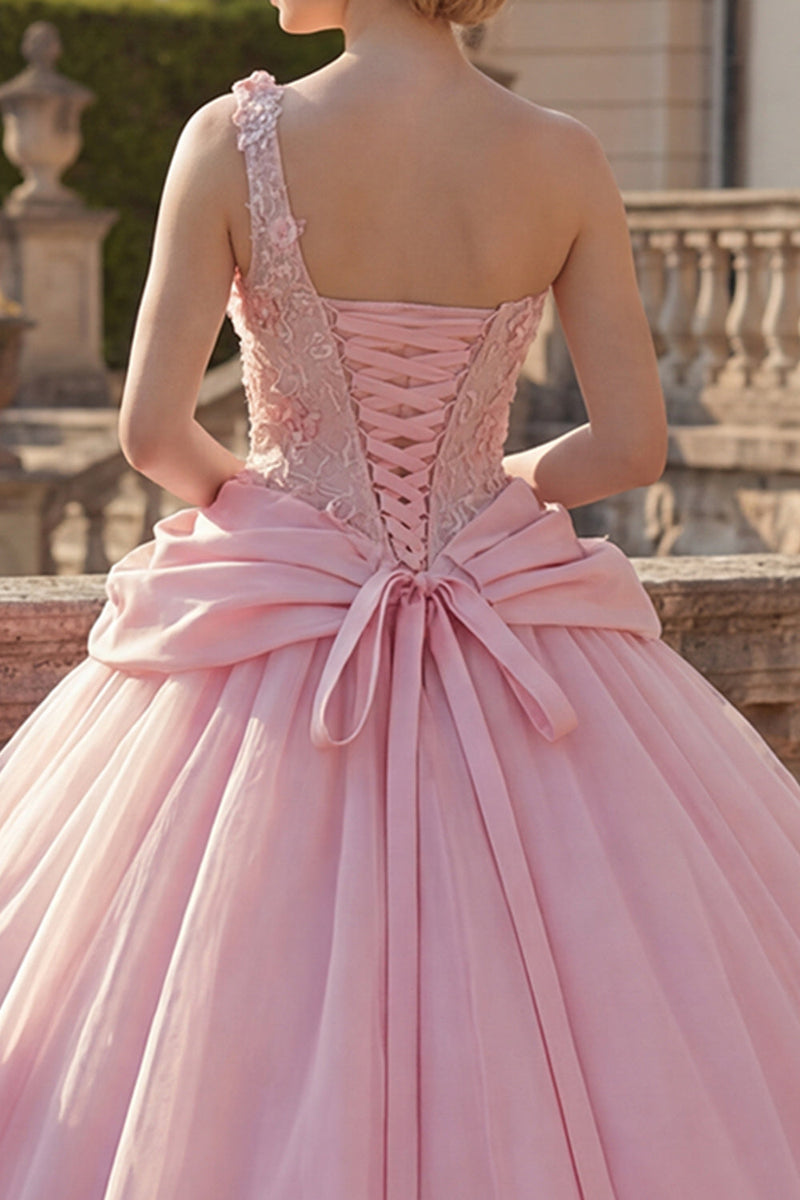 Laden Sie das Bild in den Galerie-Viewer, Rosa Ballkleid Einschulter Applikiertes Abschlusskleid