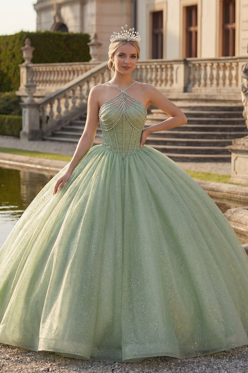 Laden Sie das Bild in den Galerie-Viewer, Ballkleid Mintgrün Neckholderhals Korsett Glitzer Abschlusskleid