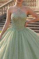 Laden Sie das Bild in den Galerie-Viewer, Ballkleid Mintgrün Neckholderhals Korsett Glitzer Abschlusskleid