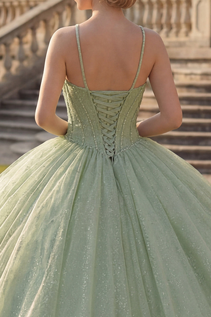 Laden Sie das Bild in den Galerie-Viewer, Ballkleid Mintgrün Neckholderhals Korsett Glitzer Abschlusskleid