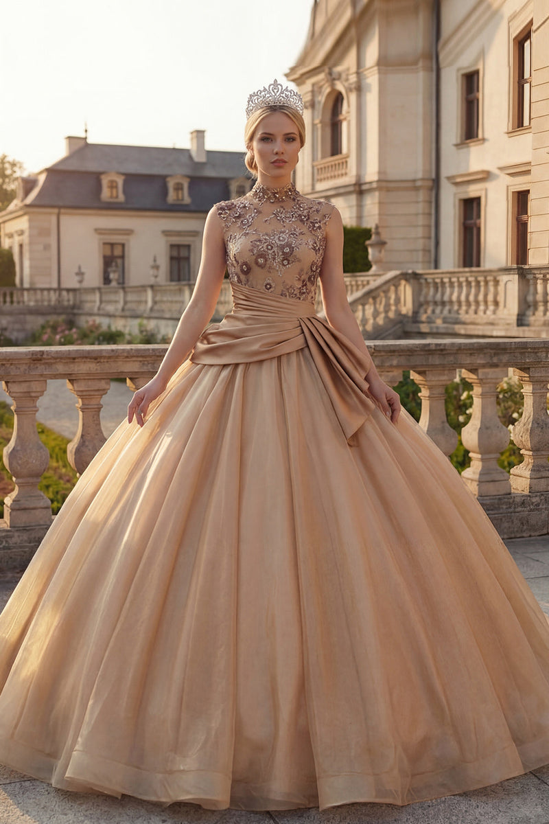Laden Sie das Bild in den Galerie-Viewer, Champagner Ballkleid Hochausgeschnitten Gerafftes Prinzessinnen Abschlusskleid