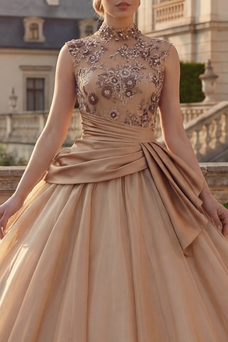 Laden Sie das Bild in den Galerie-Viewer, Champagner Ballkleid Hochausgeschnitten Gerafftes Prinzessinnen Abschlusskleid