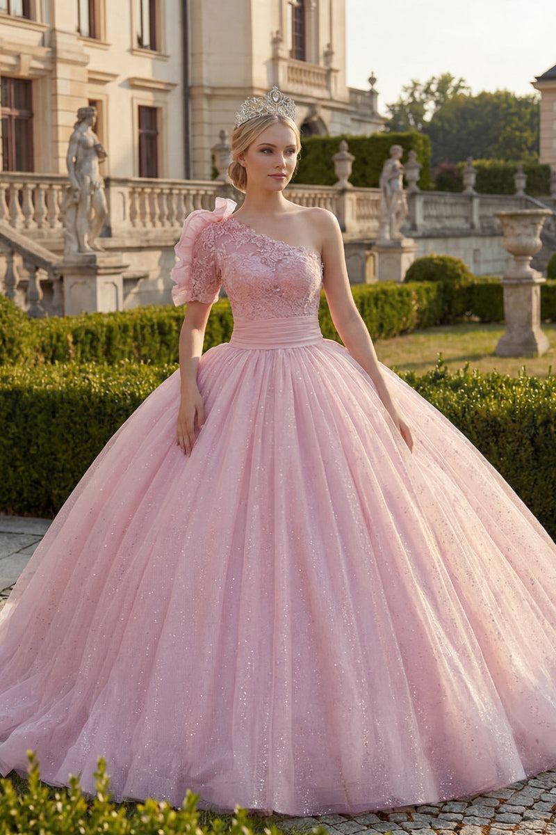 Laden Sie das Bild in den Galerie-Viewer, Einschulter Ballkleid Rosa Gerafftes Applikiertes Glitzer Abschlusskleid