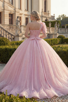 Einschulter Ballkleid Rosa Gerafftes Applikiertes Glitzer Abschlusskleid