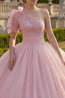 Laden Sie das Bild in den Galerie-Viewer, Einschulter Ballkleid Rosa Gerafftes Applikiertes Glitzer Abschlusskleid