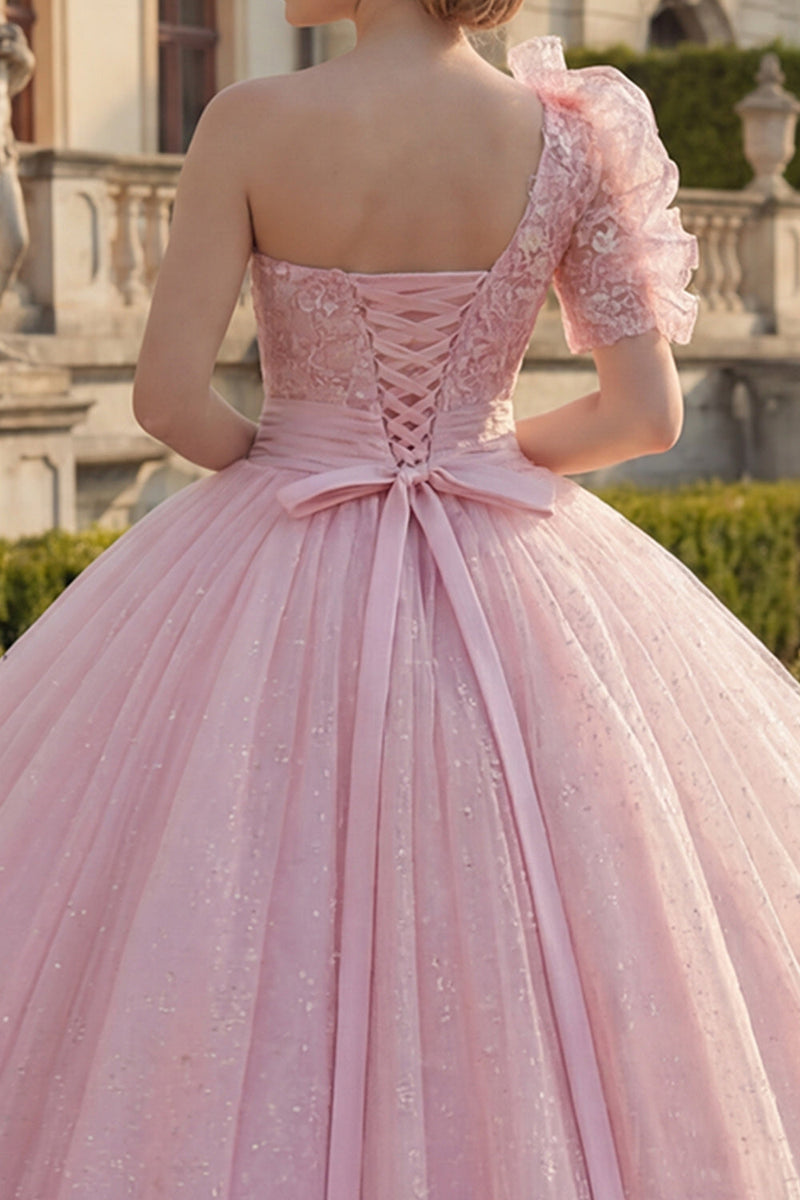Laden Sie das Bild in den Galerie-Viewer, Einschulter Ballkleid Rosa Gerafftes Applikiertes Glitzer Abschlusskleid