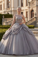 Laden Sie das Bild in den Galerie-Viewer, Hellgraues Einschulteriges Ballkleid Gerafftes Applikiertes Abschlusskleid