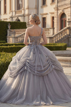 Hellgraues Einschulteriges Ballkleid Gerafftes Applikiertes Abschlusskleid