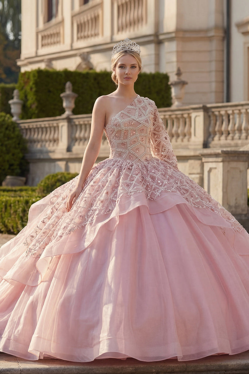 Laden Sie das Bild in den Galerie-Viewer, Rosa Einschulter Besetztes Abschlusskleid mit Rüschen