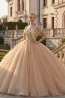 Laden Sie das Bild in den Galerie-Viewer, Off-the-shoulder Ballkleid Champagner Applikiertes Blumen Abschlusskleid