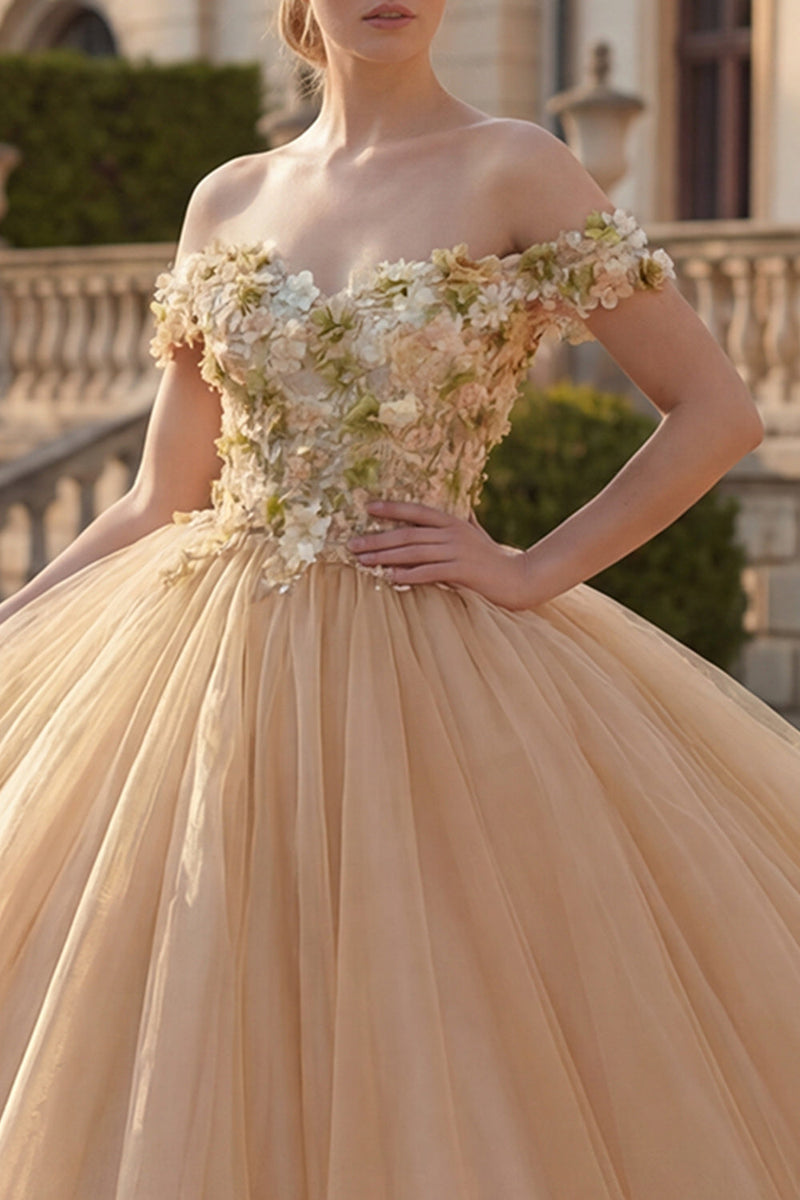 Laden Sie das Bild in den Galerie-Viewer, Off-the-shoulder Ballkleid Champagner Applikiertes Blumen Abschlusskleid