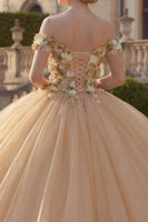 Laden Sie das Bild in den Galerie-Viewer, Off-the-shoulder Ballkleid Champagner Applikiertes Blumen Abschlusskleid