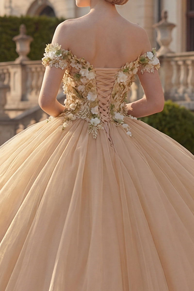 Laden Sie das Bild in den Galerie-Viewer, Off-the-shoulder Ballkleid Champagner Applikiertes Blumen Abschlusskleid
