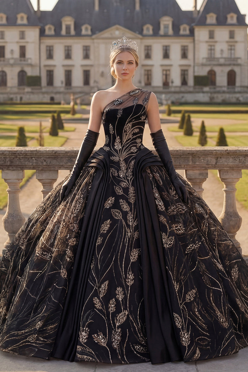 Laden Sie das Bild in den Galerie-Viewer, Einschulter Schwarzes Abschlusskleid mit Applikation