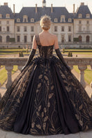 Laden Sie das Bild in den Galerie-Viewer, Einschulter Schwarzes Abschlusskleid mit Applikation