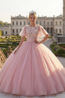 Laden Sie das Bild in den Galerie-Viewer, Rundhals Rosa Appliquiertes Abschlusskleid mit flatternden Ärmeln