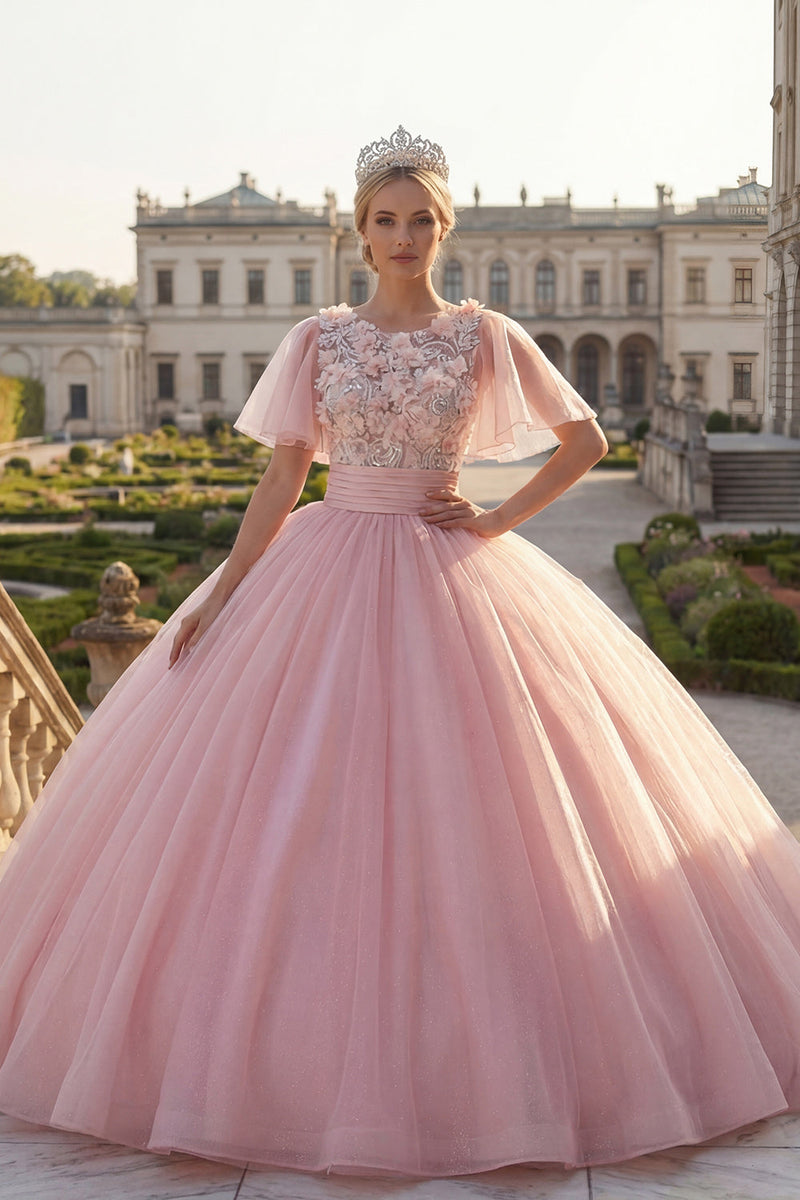 Laden Sie das Bild in den Galerie-Viewer, Rundhals Rosa Appliquiertes Abschlusskleid mit flatternden Ärmeln