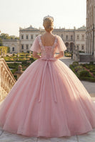 Laden Sie das Bild in den Galerie-Viewer, Rundhals Rosa Appliquiertes Abschlusskleid mit flatternden Ärmeln
