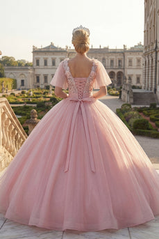 Rundhals Rosa Appliquiertes Abschlusskleid mit flatternden Ärmeln