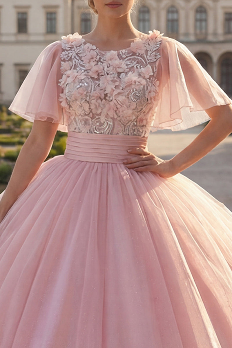 Laden Sie das Bild in den Galerie-Viewer, Rundhals Rosa Appliquiertes Abschlusskleid mit flatternden Ärmeln
