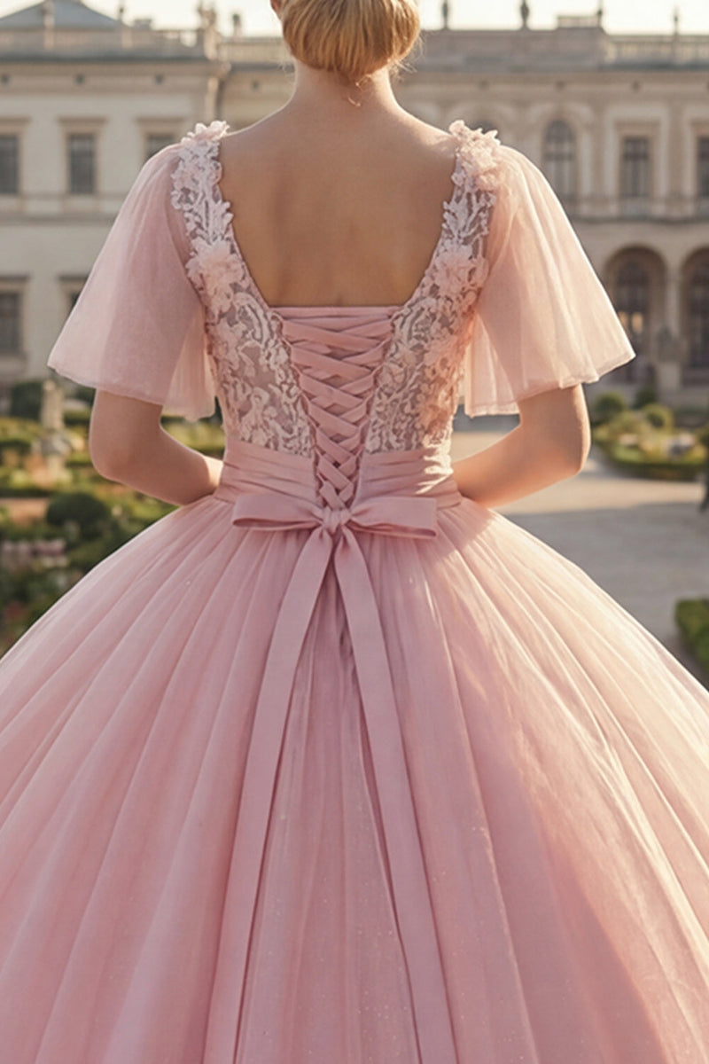 Laden Sie das Bild in den Galerie-Viewer, Rundhals Rosa Appliquiertes Abschlusskleid mit flatternden Ärmeln