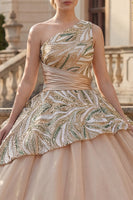 Laden Sie das Bild in den Galerie-Viewer, Glitzerndes Champagner Ballkleid Mit einer Schulter Pailletten Abschlusskleid