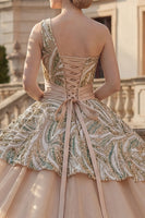 Laden Sie das Bild in den Galerie-Viewer, Glitzerndes Champagner Ballkleid Mit einer Schulter Pailletten Abschlusskleid