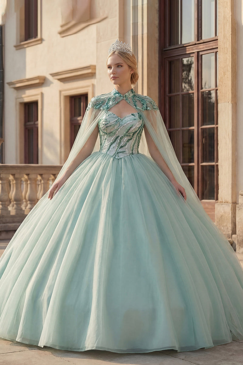 Laden Sie das Bild in den Galerie-Viewer, Glitzerndes Ballkleid Sweetheart Pailletten Mintgrünes Abschlusskleid mit Umhang