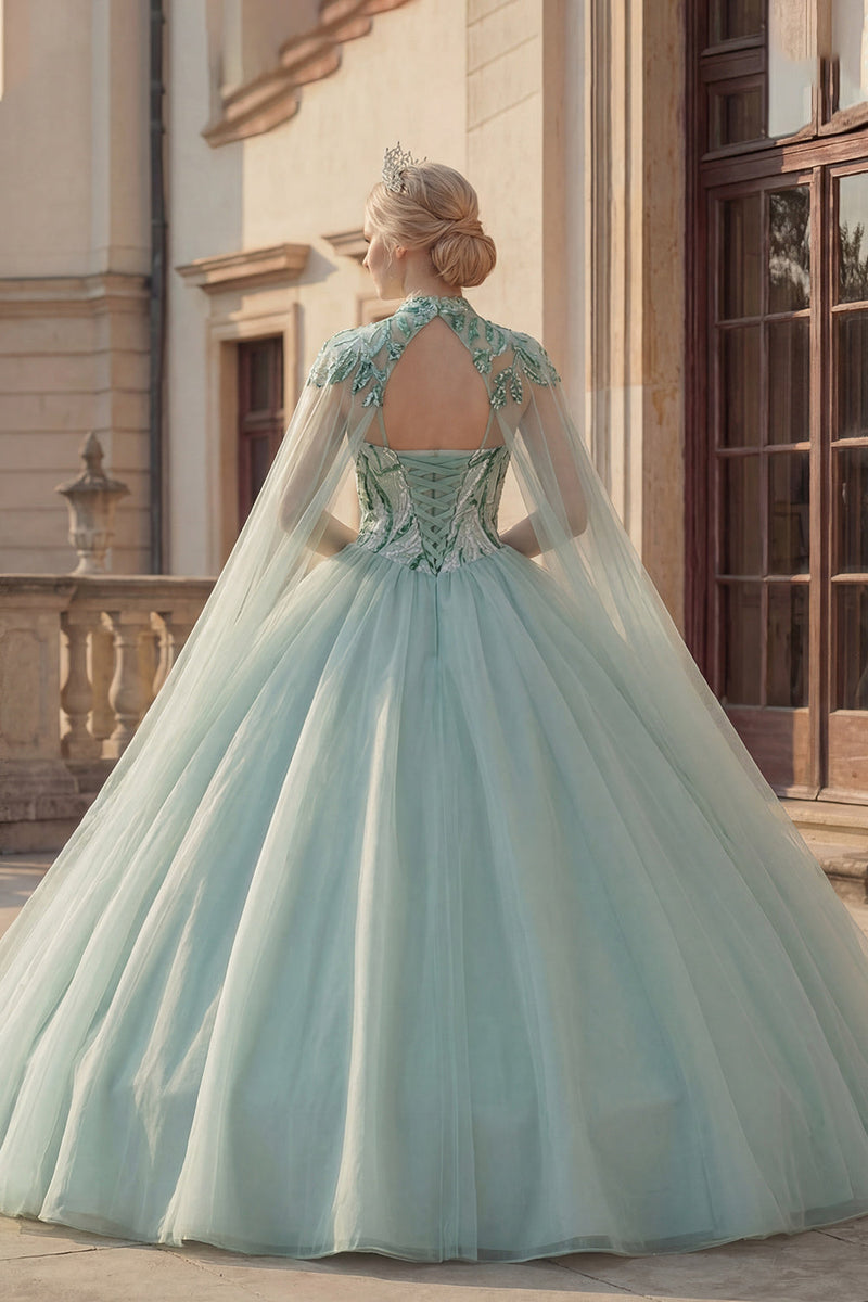 Laden Sie das Bild in den Galerie-Viewer, Glitzerndes Ballkleid Sweetheart Pailletten Mintgrünes Abschlusskleid mit Umhang