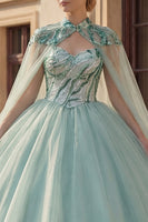 Laden Sie das Bild in den Galerie-Viewer, Glitzerndes Ballkleid Sweetheart Pailletten Mintgrünes Abschlusskleid mit Umhang