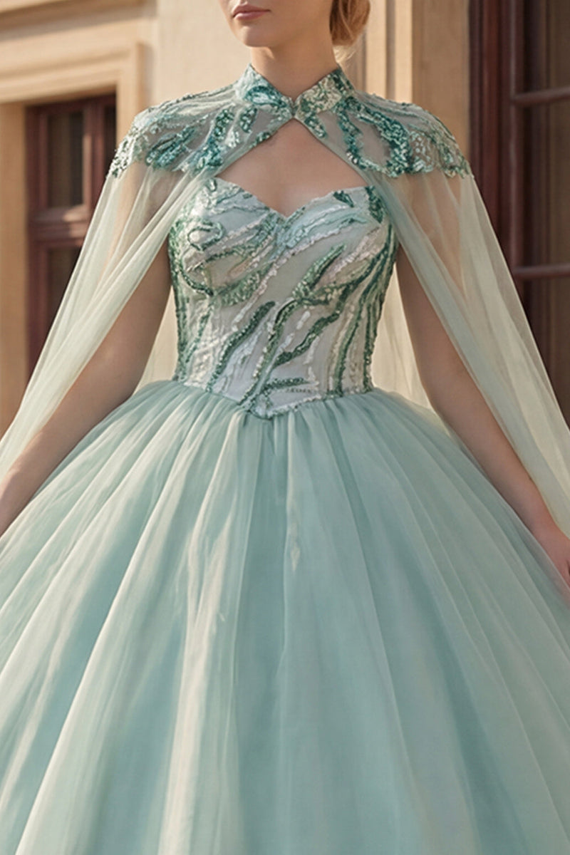 Laden Sie das Bild in den Galerie-Viewer, Glitzerndes Ballkleid Sweetheart Pailletten Mintgrünes Abschlusskleid mit Umhang