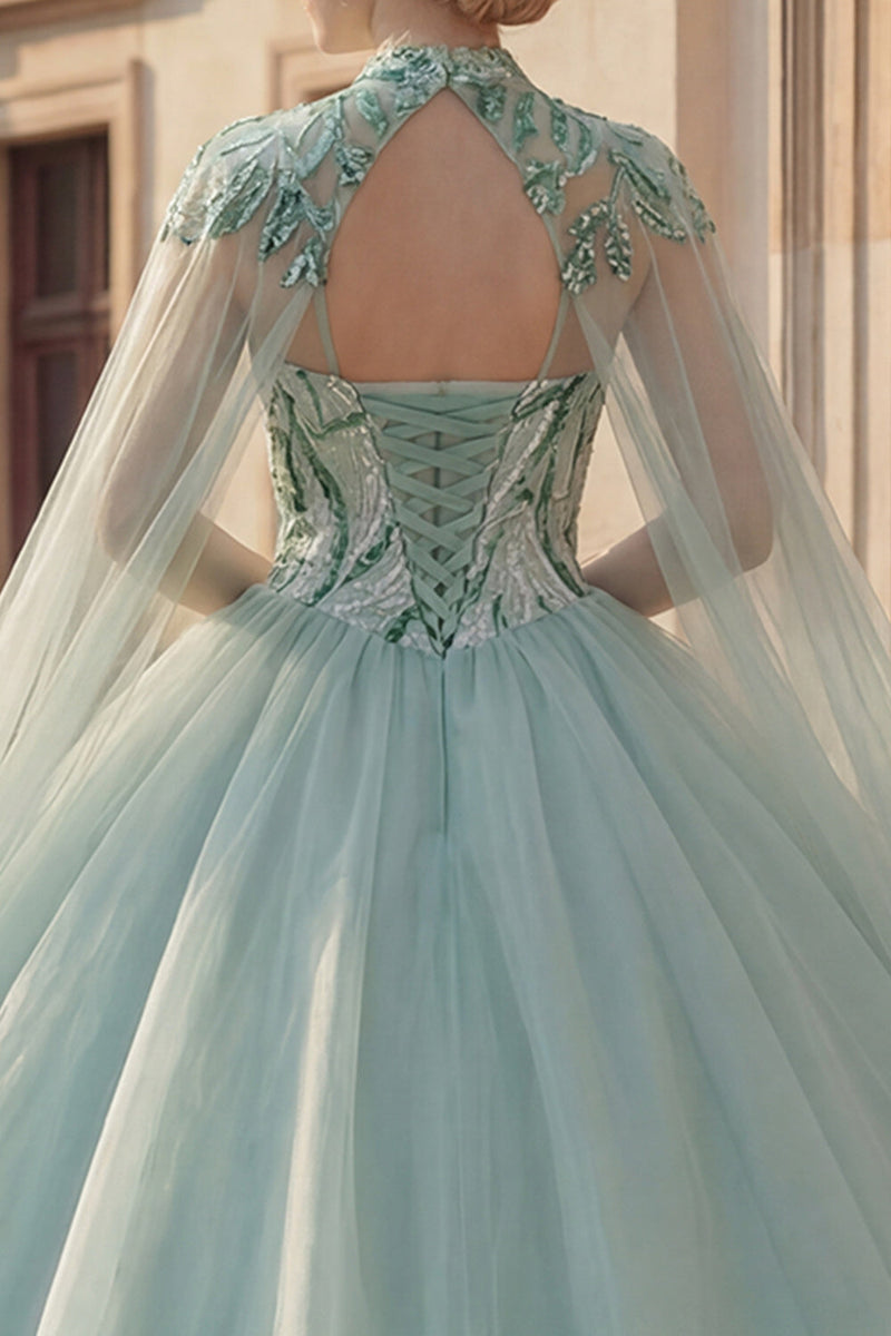 Laden Sie das Bild in den Galerie-Viewer, Glitzerndes Ballkleid Sweetheart Pailletten Mintgrünes Abschlusskleid mit Umhang