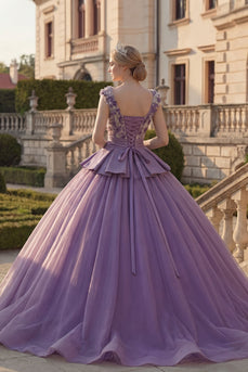 Lila V-Ausschnitt Appliquiertes Ballkleid mit Blumen Abschlusskleid