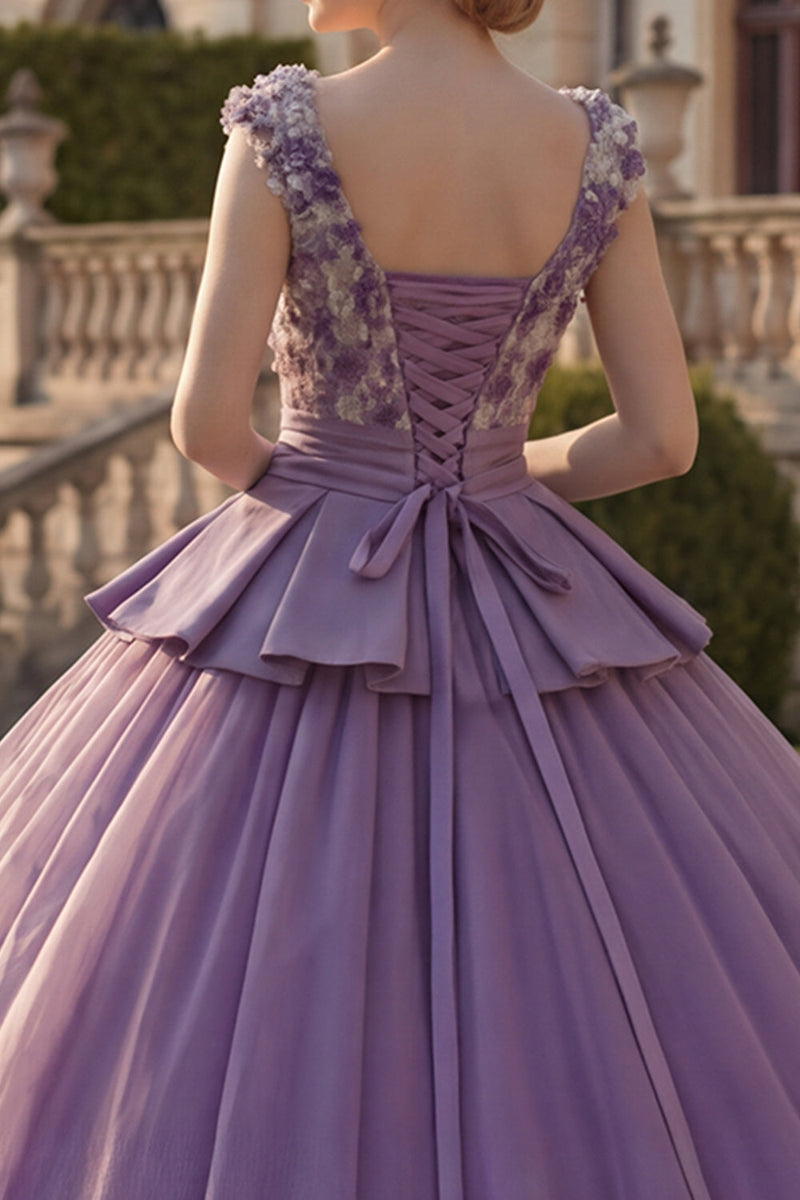 Laden Sie das Bild in den Galerie-Viewer, Lila V-Ausschnitt Appliquiertes Ballkleid mit Blumen Abschlusskleid