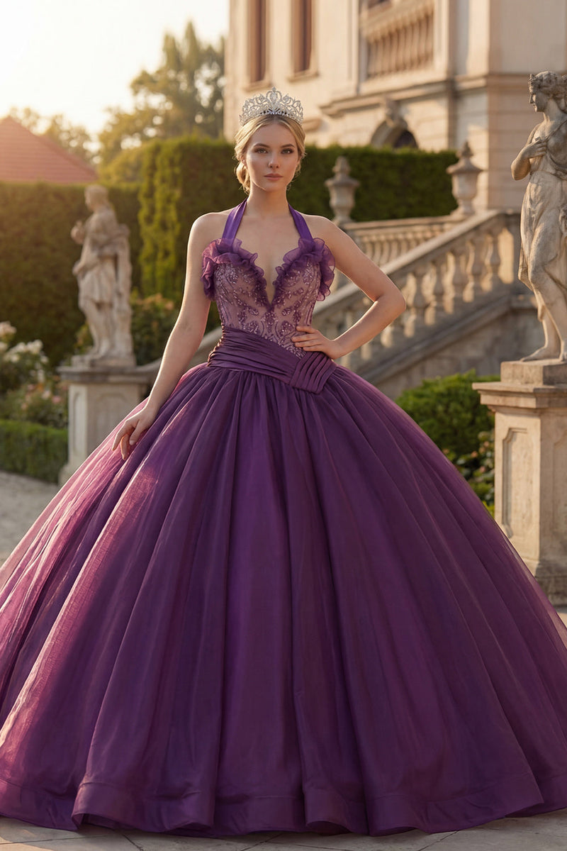 Laden Sie das Bild in den Galerie-Viewer, Dunkelviolettes Neckhlder Abschlusskleid mit Rüschen