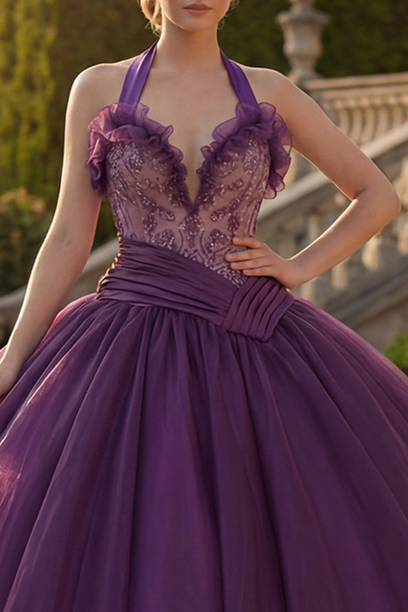 Laden Sie das Bild in den Galerie-Viewer, Dunkelviolettes Neckhlder Abschlusskleid mit Rüschen