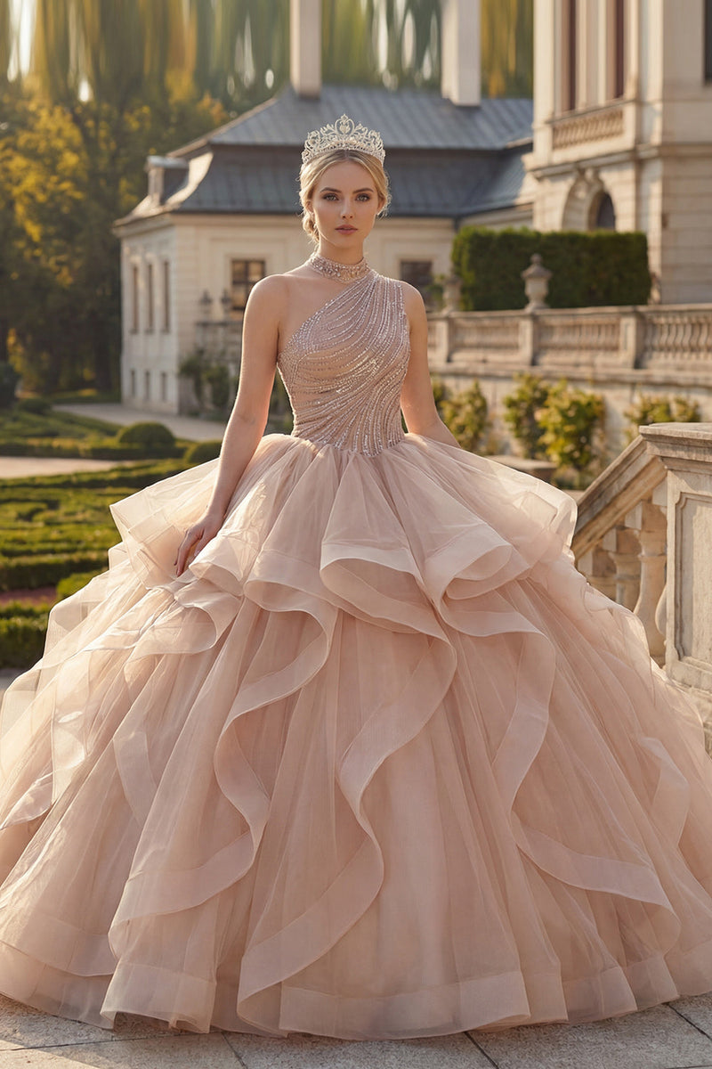 Laden Sie das Bild in den Galerie-Viewer, Einschulter Champagner Abschlusskleid mit Rüschen