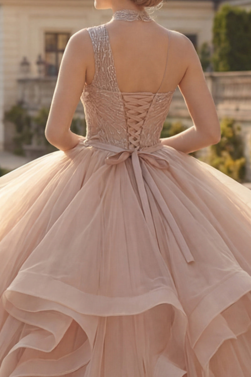 Laden Sie das Bild in den Galerie-Viewer, Einschulter Champagner Abschlusskleid mit Rüschen