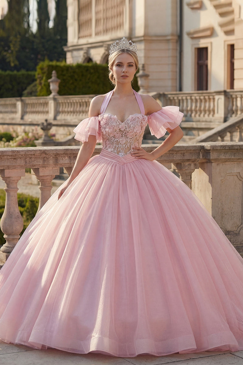 Laden Sie das Bild in den Galerie-Viewer, Rosa Ballkleid Neckholderhals Abschlusskleid mit Flatterärmeln